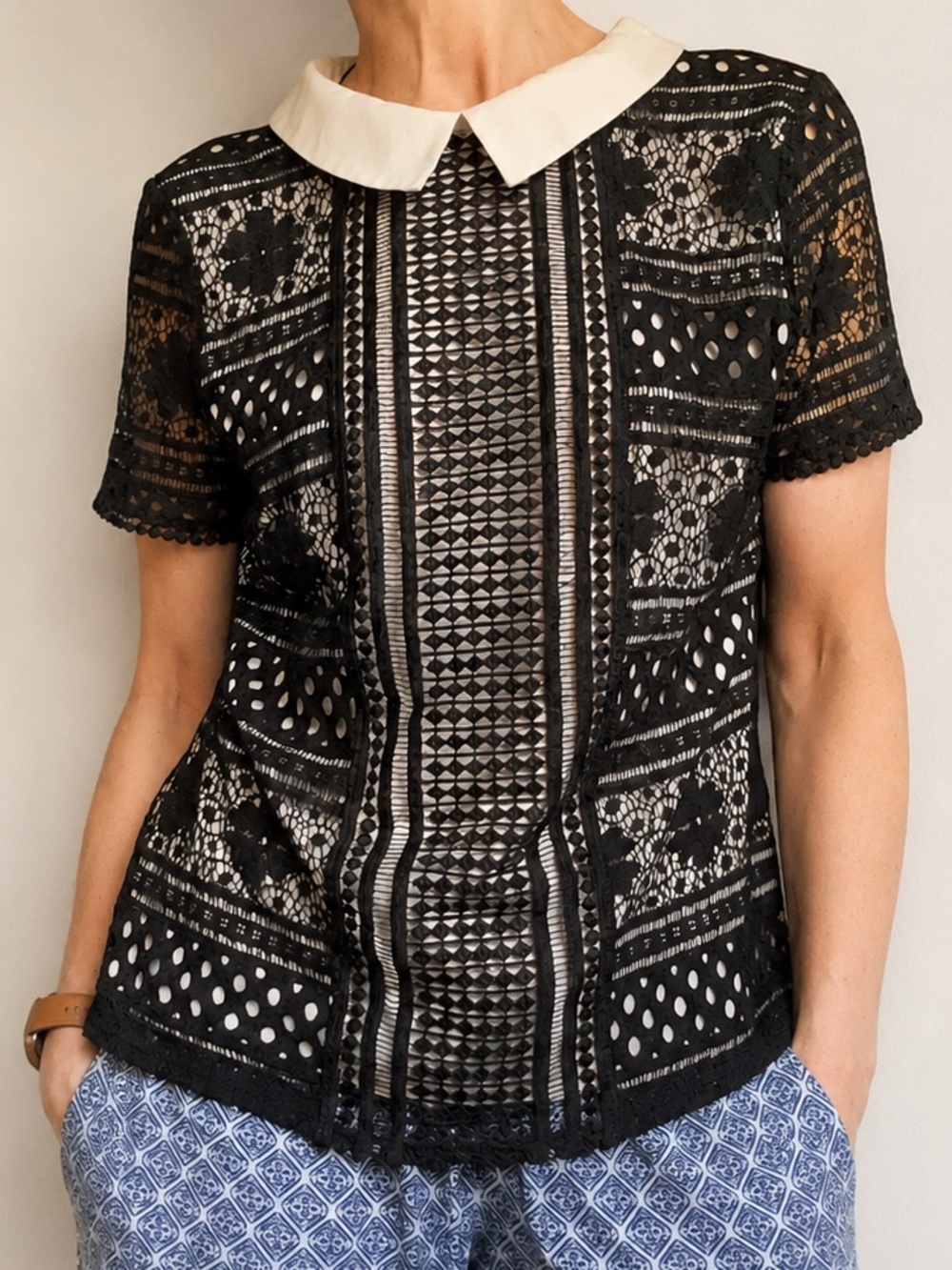 Oasis Black Lace Peter Pan Collar Preppy Blouse Size Large